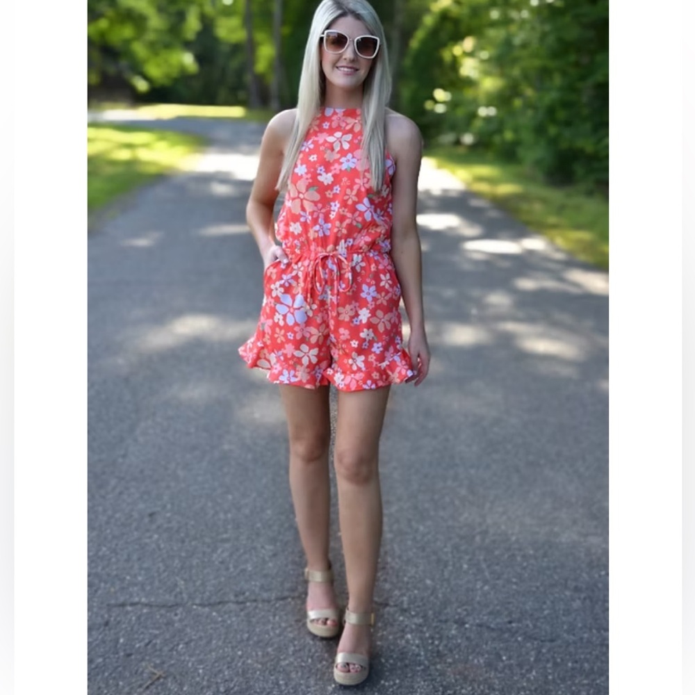 G.I.L.I. Coral Floral Halter Romper